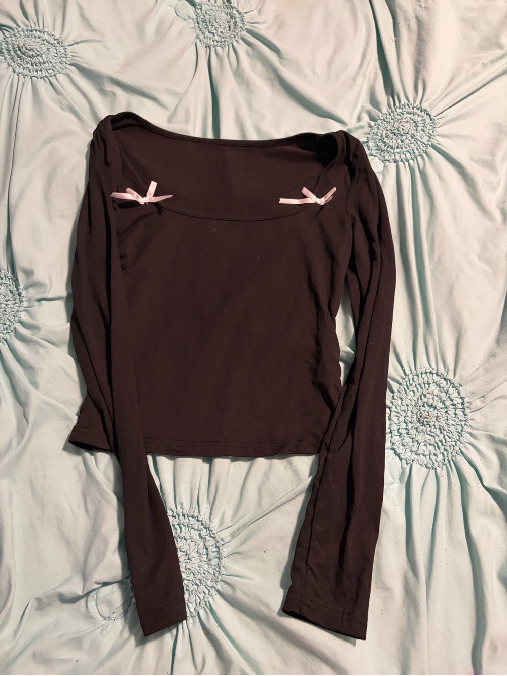 Women’s Black Long-Sleeve Square Neck Top with Pink Bow Accents